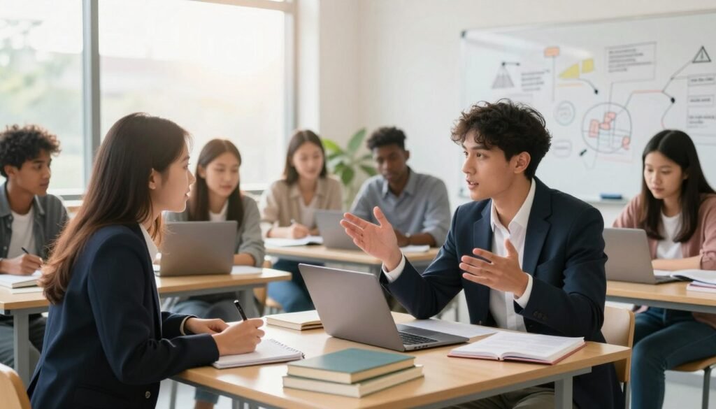 A bright and inspiring scene depicting a diverse group of students engaging in a study meeting focused on obtaining international scholarships. In the foreground, a young woman in professional business attire is seated at a table, taking notes while a young man beside her, also dressed professionally, gestures animatedly as he shares ideas. The middle ground features additional students of various ethnicities collaborating, surrounded by educational materials like books, laptops, and a whiteboard filled with ideas and diagrams. The background showcases a modern classroom with large windows letting in natural light, casting a warm glow over the scene. The atmosphere is one of ambition and enthusiasm, capturing the excitement of preparing for scholarship opportunities.