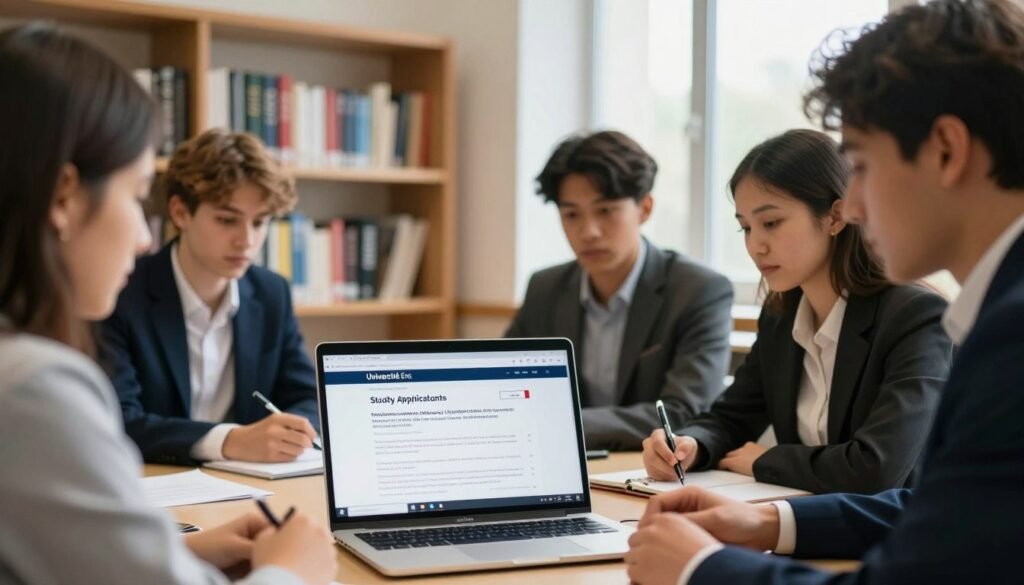 A diverse group of students, dressed in professional business attire, gathered around a laptop in an academic setting, discussing university application processes. The foreground features the laptop screen displaying the Université Ens website with a clear focus on sections about study applications in France. In the middle ground, shelves filled with books about French culture and education create a scholarly atmosphere. The background includes a large window with natural light pouring in, illuminating the space with a warm, inviting glow. The overall mood is collaborative and focused, conveying excitement and opportunity. The image is shot with a soft depth of field to emphasize the students and laptop, while slightly blurring the background.