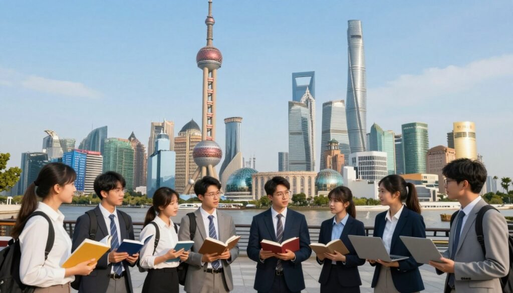 A vibrant and inspiring scene showcasing the majestic skyline of Shanghai, with iconic landmarks like the Oriental Pearl Tower and the Shanghai Tower in the background, under a clear blue sky. In the foreground, a diverse group of students, dressed in professional business attire, are engaged in enthusiastic discussions while holding books and laptops, symbolizing various academic disciplines. The middle ground features a prestigious university campus with modern architecture and lush greenery, surrounded by banners representing scholarship opportunities. Soft, warm lighting creates an inviting atmosphere, fostering a sense of hope and ambition. The composition should evoke excitement about educational opportunities in Shanghai's renowned universities, capturing the essence of the scholarships available in 2026.