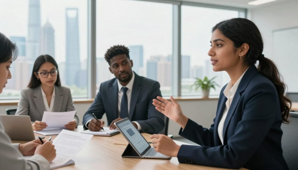 A well-organized business meeting in a modern office, showcasing a diverse group of professionals engaged in a collaborative discussion. In the foreground, a South Asian woman in professional attire gestures confidently while presenting her ideas on a digital tablet. In the middle, a Black man in a crisp suit listens intently, taking notes, while a Middle-Eastern woman with glasses, dressed in smart casual wear, analyzes documents. The background features large windows with a panoramic view of the Shanghai skyline, and soft natural light floods the room. The atmosphere is focused and inspiring, reflecting ambition and determination, ideal for enhancing scholarship application success.