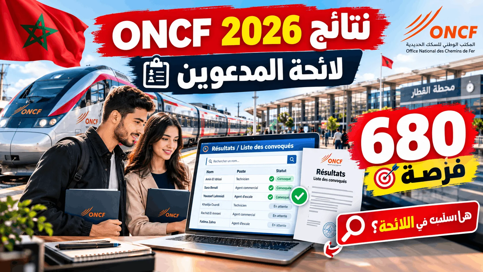 نتائج مباراة المكتب الوطني للسكك الحديدية 2026: لائحة المدعوين (680 فرصة)