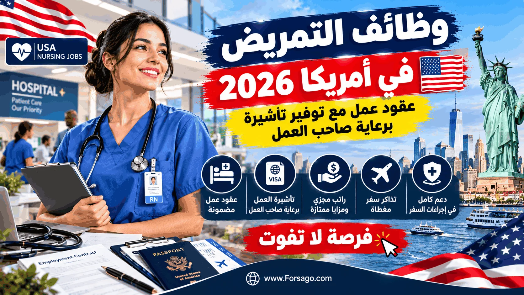وظائف التمريض في أمريكا 2026: عقود عمل مع توفير تأشيرة برعاية صاحب العمل